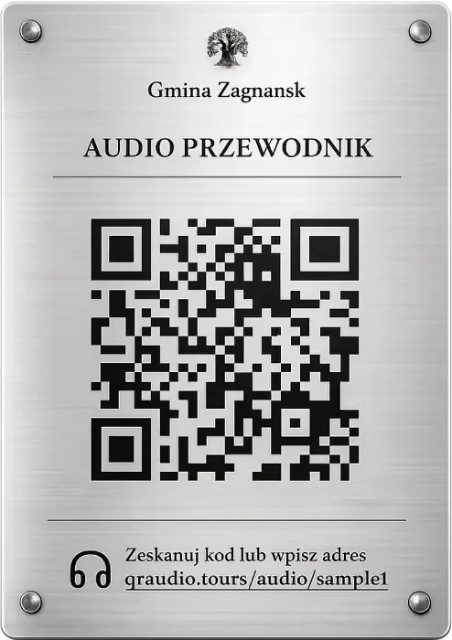 Plakietka qrAudio.tours ze stali nierdzewnej z kodem QR